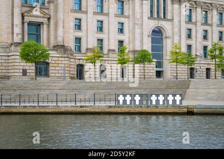 Germany, Berlin, Reichstag and memorial plaques of Wall victims Stock Photo