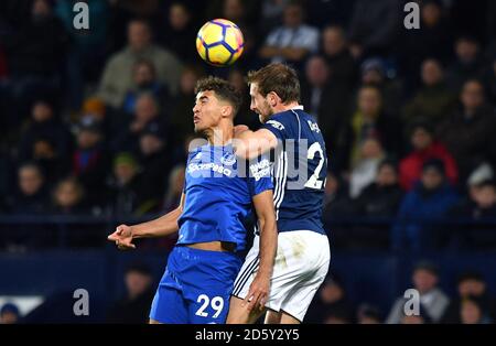 Everton's Dominic Calvert-Lewin (left) and West Bromwich Albion's Allan Nyom compete for a header  Stock Photo