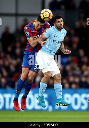 Crystal Palace's Martin Kelly (left) and Manchester City's Sergio Aguero (right) battle for the ball