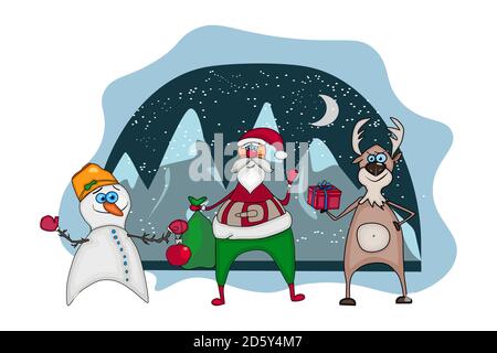 Greeting card with cute Santa on mountain background. Santa with snowman and deer. Happy Christmas companions. Christmas invitation, postcard. Vector Stock Vector