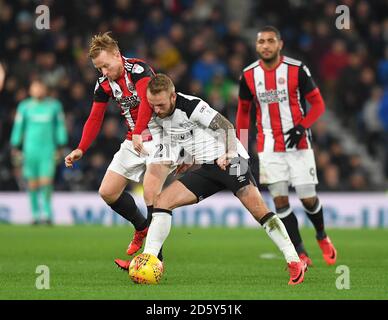 Derby County's Johnny Russell battles with Sheffield United's Mark Duffy Stock Photo