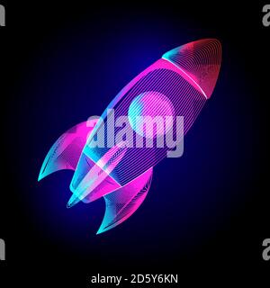 Neon flying rocket. Business start up launch sign. Vector illustration in ultraviolet wireframe line-art style on a dark background Stock Vector