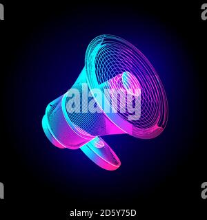 Neon megaphone. Glowing bullhorn speaker sign. Vector illustration in ultraviolet wireframe line-art style on a dark background Stock Vector