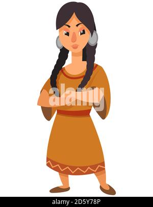 Native american girl with her arms crossed. Female character in cartoon style. Stock Vector
