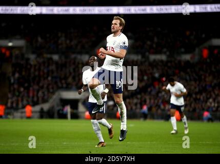 Tottenham Hotspur's Harry Kane celebrates scoring his side's first and second goal of the game after two quickfire goals  Stock Photo