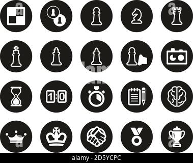 Chess Game & Equipment Icons White On Black Flat Design Circle Set Big Stock Vector