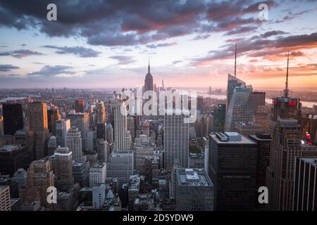 USA, New York City, Manhattan skyline at sunset Stock Photo