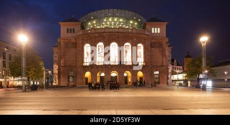 Germany, Rhineland-Palatinate, Mainz, State theatre on Gutenberg square in the evening Stock Photo