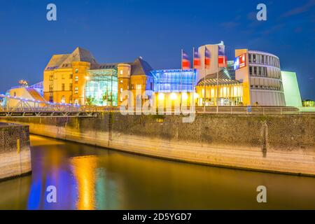 Germany, Cologne, Rheinauhafen,Imhoff chocolate museum at blue hour Stock Photo