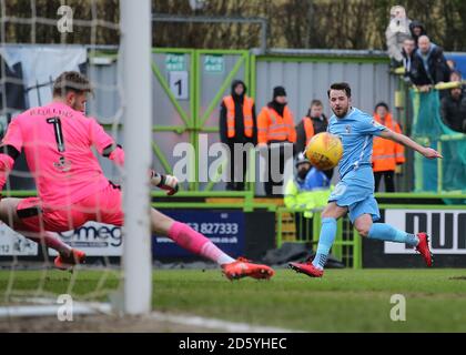 Coventry City's Marc McNulty (right) has his shot saved by Forest Green Rovers Goalkeeper Bradley Collins Stock Photo