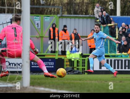 Coventry City's Marc McNulty (right) has his shot saved by Forest Green Rovers Goalkeeper Bradley Collins Stock Photo