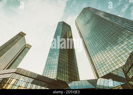 Germany, Frankfurt, modern office towers seen from below Stock Photo