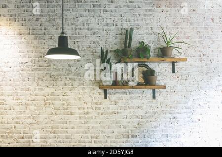 Modern stylish white brick wall with shelves and plants. Hanging lighting lamp giving creating ambient Stock Photo