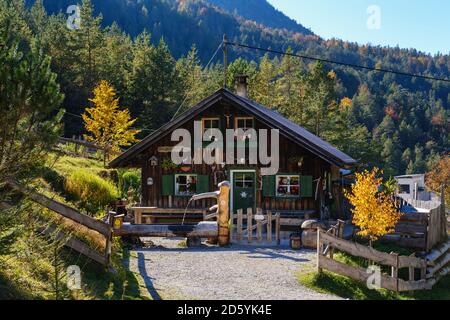 Austria, Tyrol, Karwendel mountains, Hinterautal, Alpine Cabin Stock Photo