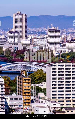 Japan, Osaka, cityscape as seen from Osaka Castle Stock Photo