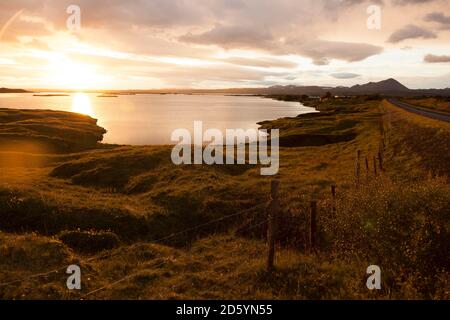 Iceland, Skutustadir, Myvatn, Krafla-volcanic area, pseudocrater and lake at sunset Stock Photo