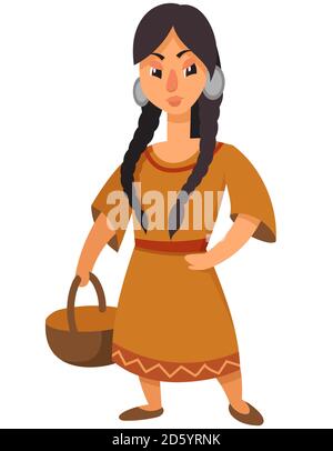 Native american girl holding basket. Female character in cartoon style. Stock Vector