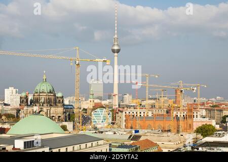 Germany, Berlin, view to  Berliner Dom, television tower and construction cranes Stock Photo