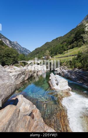 Switzerland, Ticino, Val Verzasca, Verzasca river, Lavertezzo, Ponte dei Salti bridge Stock Photo