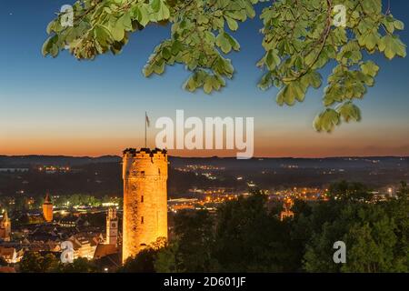 Germany, Baden-Wuerttemberg, Ravensburg, town tower Mehlsack and Blaserturm at night Stock Photo