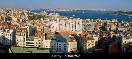 Turkey, Istanbul, panoramic view from Galata Tower over Beyoglu and Bosphorus Stock Photo