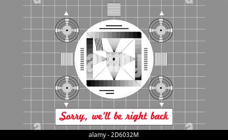 vintage test pattern from the fifties, with caption we'll be right back, offline, website down error sign,fictional vector art Stock Vector