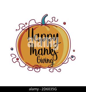 Vector Hand drawn Happy Thanksgiving typography in autumn pumpkin banner. Celebration text with berries and leaves for postcard, icon or badge. Stock Vector
