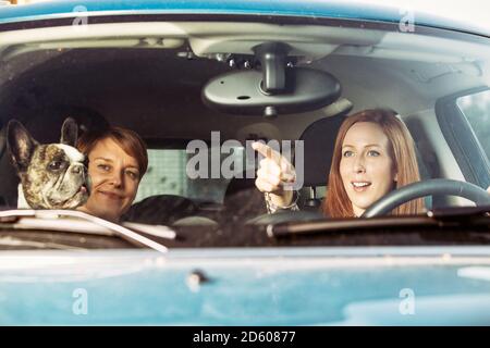 Two female friends sitting in a car with their French bulldog Stock Photo