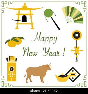 Symbols of Chinese New Year 2021 Vector illustration Bell, rattle, fan, coin, ingot, tangerines, ox, envelope with money. Holiday Traditions in China. Stock Vector