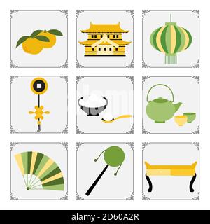 Symbols of the Chinese New Year 2021 Vector illustration Chinese lantern, tangerines, rattle, food sweet rice balls tangyuam, coin, teapot, cups, tabl Stock Vector