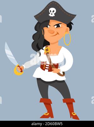 Beautiful female pirate. Funny character in cartoon style. Stock Vector