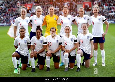 England Women's from left to right, top to bottom, Lucia Bronze, Steph Houghton, goalkeeper Carly Telford, Abbie McManus, Toni Duggan, Jodie Taylor, Nikita Parris, Demi Stokes, Francesca Kirby, Jordan Nobbs and Keira Walsh during a team photo Stock Photo