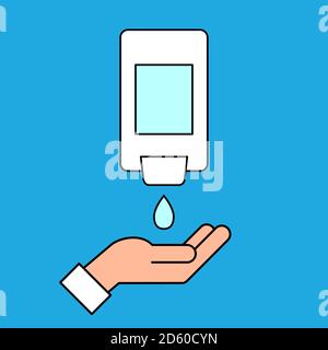 Wall-Mount hand sanitizer dispenser with a hand. Line icon color. Automatic wall hanging liquid soap bottle. Washing and disinfecting hands. Vector Stock Vector