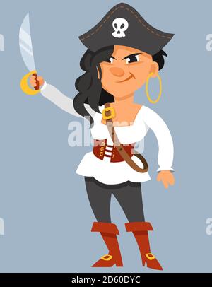 Female pirate holding saber. Funny character in cartoon style. Stock Vector