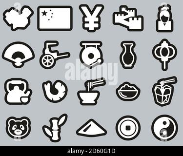China Country & Culture Icons White On Black Sticker Set Big Stock Vector
