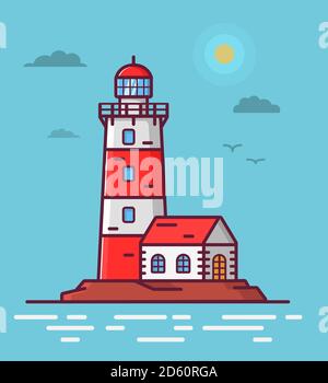 Lighthouse tower lodge on the rock. Navigation beacon for the ships.Landscape sea with waves a beacon and seagulls. Stock Vector