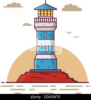 Lighthouse tower on a rock. Sea landscape with seagulls and clouds. Stock Vector