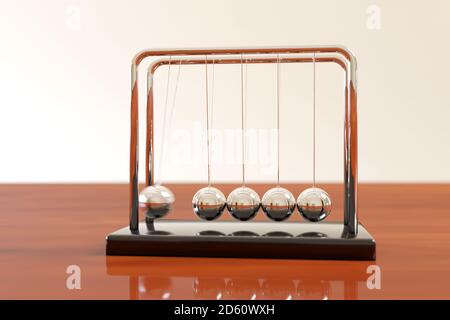 Newton's cradle swinging on a wooden table with light background. Balance concept. Illustration 3d. Stock Photo