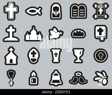 Christianity Religion & Religious Items Icons White On Black Sticker Set Big Stock Vector