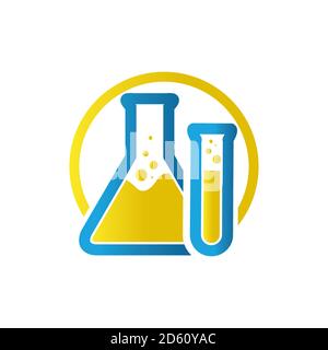 blue yellow flask sign Lab logo template vector design researh science technology symbol Stock Vector