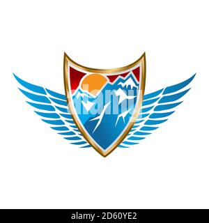 Abstract symbol blue orang emblem shield logo with wings and mountain icon Stock Vector