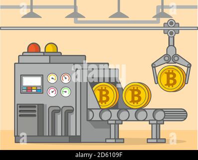 Factory conveyor bitcoin cryptocurrency mining. Golden coin. Stock Vector