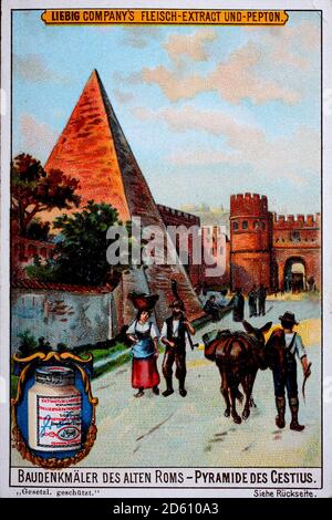 Photos Series monuments of ancient Rome, Italy, Pyramid of Cestius, Cestius Pyramid  /  Bilderserie Baudenkmäler des alten Rom, Italien, Pyramide des Cestius, Cestius-Pyramide, Liebigbild, digital improved reproduction of a collectible image from the Liebig company, estimated from 1900, pd  /  digital verbesserte Reproduktion eines Sammelbildes von ca 1900, gemeinfrei Stock Photo