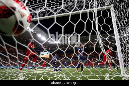 Belgium's Romelu Lukaku (left) and Belgium's Toby Alderweireld (right) celebrate after Belgium's Marouane Fellaini (not in picture) scores his side's second goal of the game Stock Photo