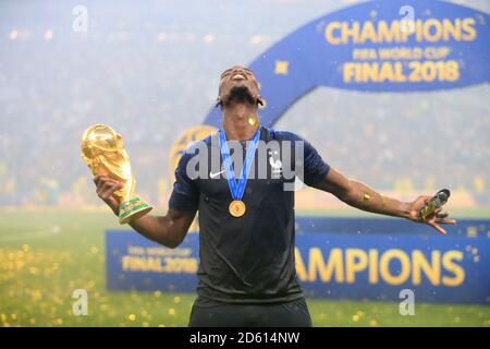 France's Paul Pogba celebrates with the trophy after France win the FIFA World Cup 2018 Stock Photo