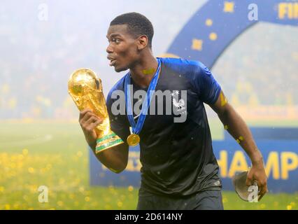 France's Paul Pogba celebrates with the trophy after France win the FIFA World Cup 2018 Stock Photo