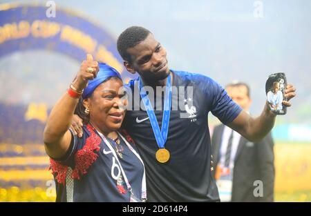 France's Paul Pogba celebrates with his Mother Yeo Moriba after France win the FIFA World Cup 2018 Stock Photo