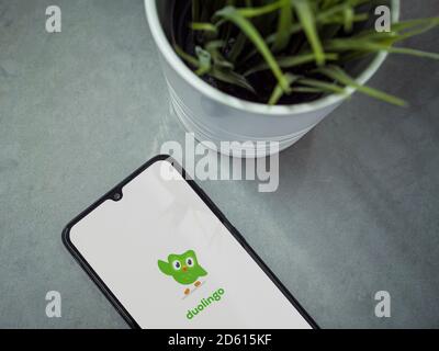 Lod, Israel - July 8, 2020: Modern minimalist office workspace with black mobile smartphone with Duolingo - Language learning app launch screen with l Stock Photo