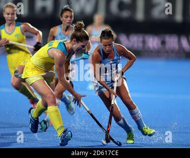 Argentina's Delfina Merino and Australia's Georgina Morgan in action  Stock Photo