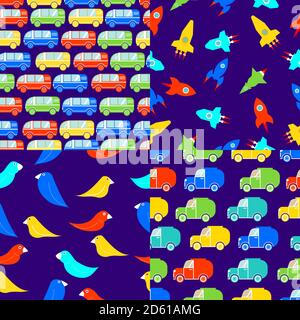Children s seamless patterns buses,van trucks, SUV, birds, rocket,toy cars. Stock Vector